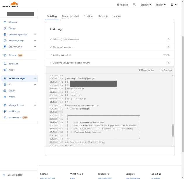 Cloudflare pages build log