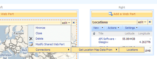 Bing Map Web Part Connections